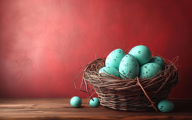 Happy Easter eggs in turquoise color nestled in a basket on a table against red background