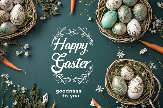 Photo happy easter elegant easter greeting with goldpatterned eggs and floral wreath