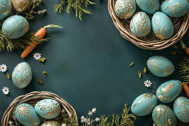 Happy easter Elegant Easter Greeting with GoldPatterned Eggs and Floral Wreath