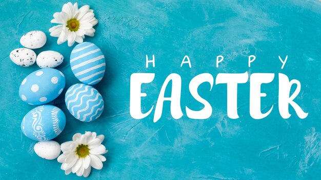 Photo happy easter festive background spring holiday decoration white greeting words blue painted egg