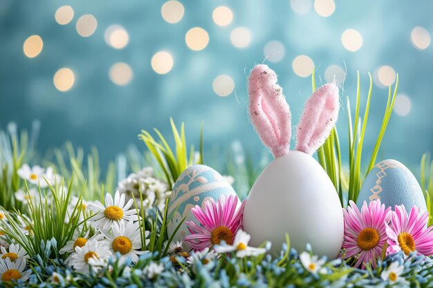 화려한 부활절 축제  부활절 달과 분홍색 토끼 귀 녹색 잔디 활기찬 꽃 디코