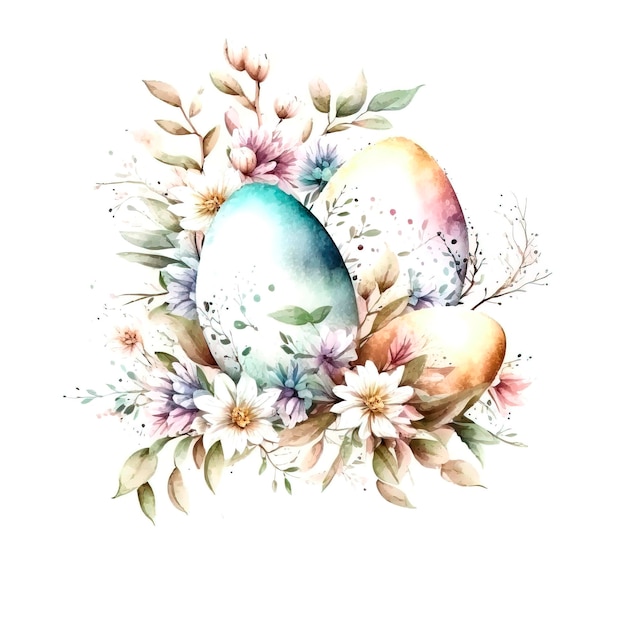 행복한 부활절. 첫 번째 꽃, 계란, 토끼, 녹지. 수채화 식물. 생성 AI