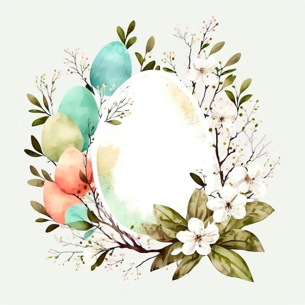 Photo happy easter. first flower, with eggs and bunny and greenery. watercolor botanical. generative ai