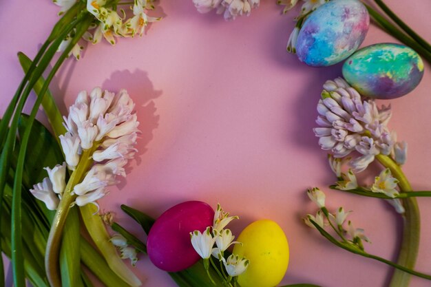 Happy easter Flat Lay postcard or Internet banner with Copy Space on Easter