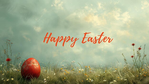 Happy Easter greeting against red easter egg on green grass with flowers