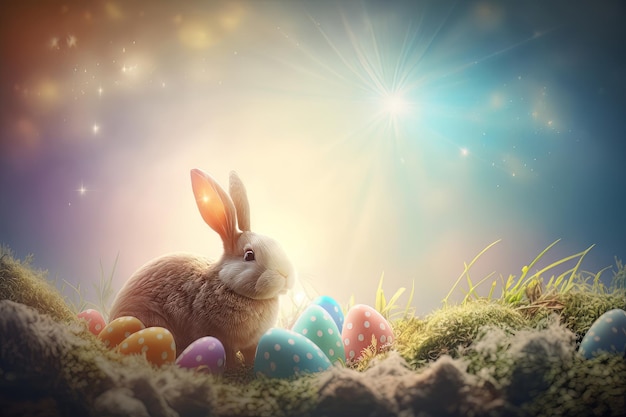 Happy Easter Greeting Background with Colorful Eggs and Bunny Generative AI