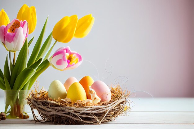 Happy Easter Greeting Background with Colorful Eggs Generative AI