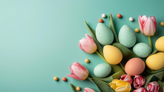 Happy Easter greeting background with tulips and decorative eggs in various colors