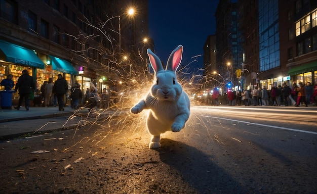 Happy easter greeting banner or card with fun bunny jumping many easter eggs