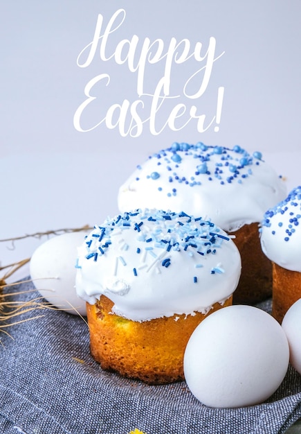 HAPPY EASTER greeting card Happy Day Bright Easter Orthodox Easter holiday Creative stylish trend Homemade easter cake and eggs Copy space sheet paper Kulich Festive background Minimalism