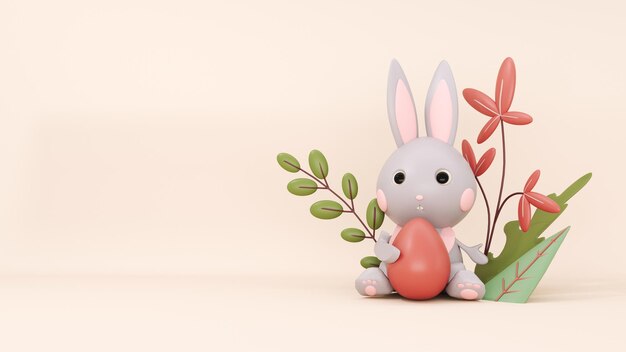 Happy Easter greeting card template with bunny and eggs 3d render Festive background