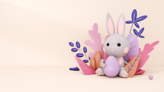 Happy Easter greeting card template with bunny and eggs 3d render Festive background