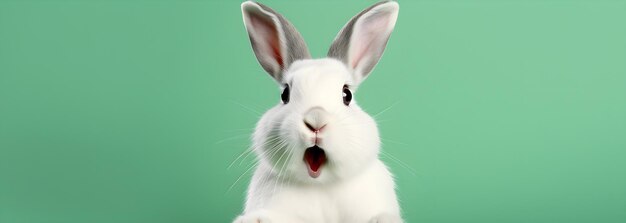 Photo happy easter greeting card white easter bunny rabbit looks amazed or scared mouth opened on green