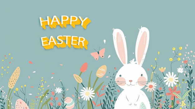 Happy easter greeting card with cute bunny design with copy space