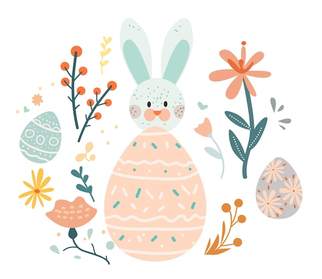 写真 ウサギの卵と春の花のパステル色の祝賀カード