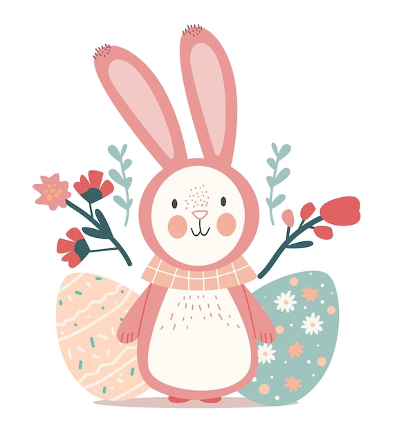 Happy Easter greeting card with rabbit eggs and spring flowers pastel colors holiday celebration card