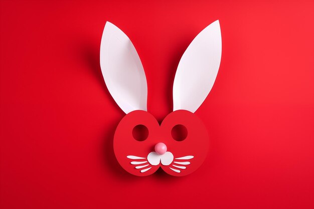 Happy easter greeting card with white paper cut easter bunny ears isolated on a red background