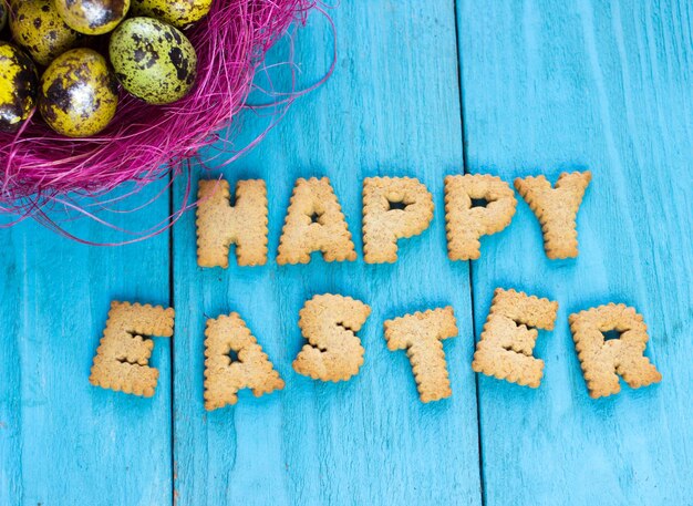 Happy Easter Greeting Flat Lay Background Home made Cookies Lettering