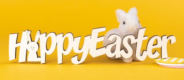 Happy easter greetings, banner. easter bunny, celebration background with text. spring holiday concept photo