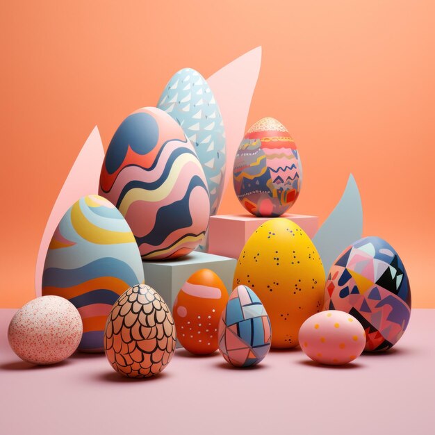 Happy Easter Greetings card of some colorful painted Easter eggs with different designs dot and stri