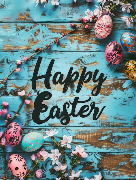 Happy Easter greetings with colorful eggs and spring flowers