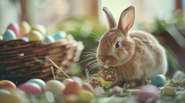 Photo happy easter happy bunny eating chocolatelifestyle light colors high quality photo