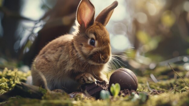 Photo happy easter happy bunny eating chocolatelifestyle light colors high quality photo