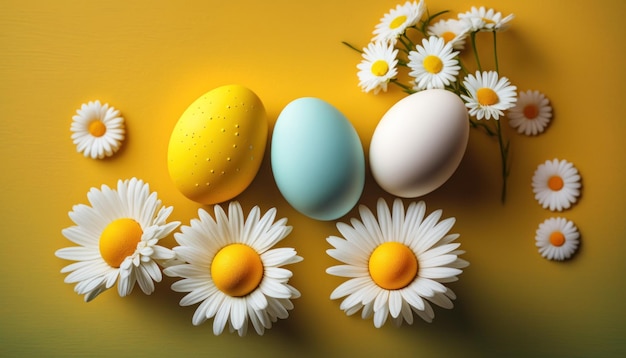 Happy Easter holiday background Colorful eggs and camomile