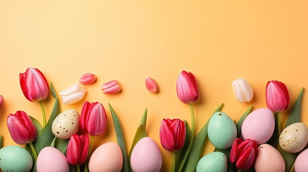Happy easter holiday background with tulips and decorative eggs