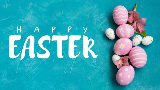 Happy easter holiday banner festive ornament gift card white greeting words floral pink painted egg