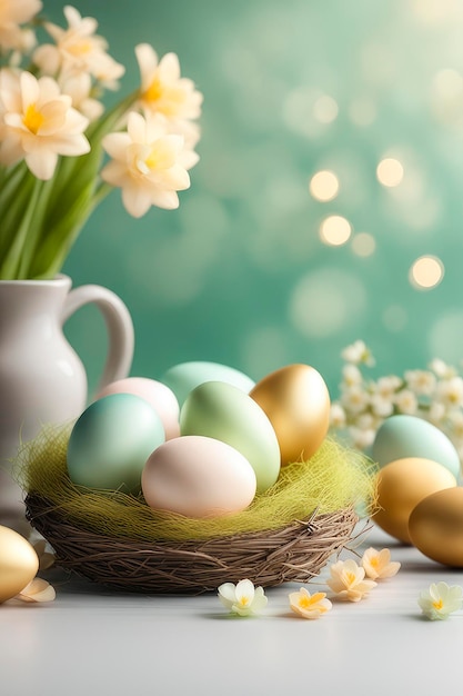 Happy Easter holiday greeting card mockup with light bokeh flowers and colored eggs