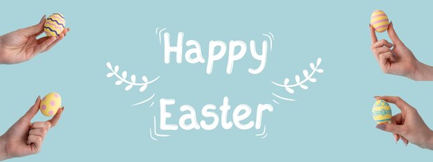 Photo happy easter holiday greeting festive congratulation yellow color painted egg with modern minimal