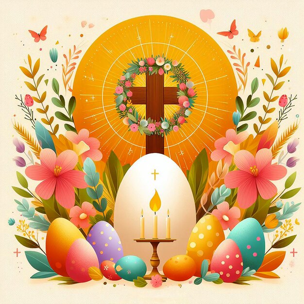 Photo happy easter holiday lettering banner trendy design easter day with bunny floaral eggs vector style