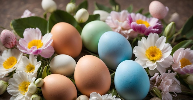 Foto buona pasqua a casa con uova colorate, fiori primaverili e un accogliente coniglio