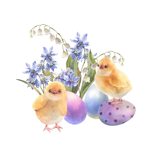 Photo happy easter illustration chicken with colorful eggs and spring flowers hand drawn watercolor