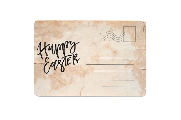 Happy Easter. Lettering on a vintage postcard. Isolated on white.