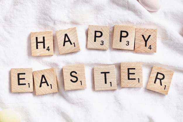 Happy Easter lettering on wooden squares