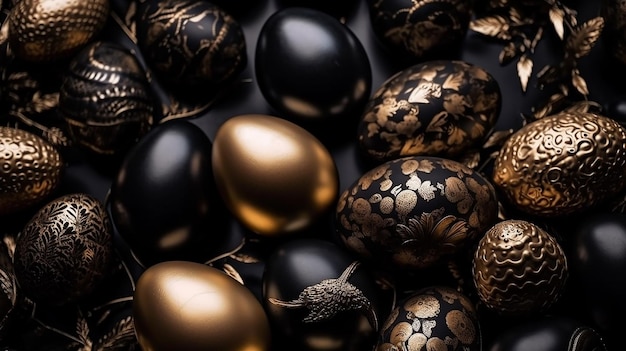 Photo happy easter luxury background with golden and black eggs generative ai