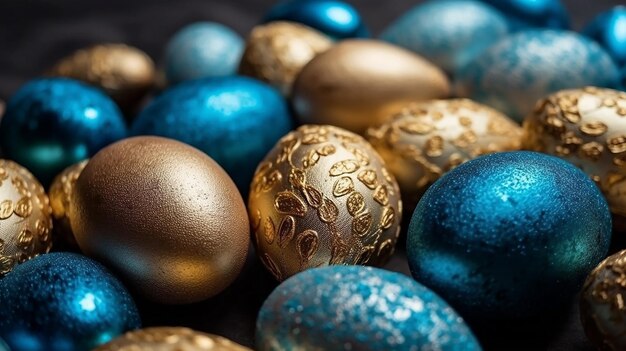 Happy easter luxury background with golden and blue eggs generative ai