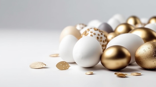 Happy Easter Luxury background with golden and white eggs Empty advertising place Generative AI