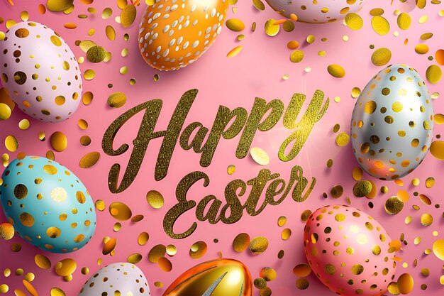 Photo happy easter luxury pink background with easter eggs and gold confetti easter celebration concept