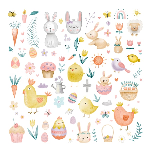 Photo happy easter modern watercolor illustration set