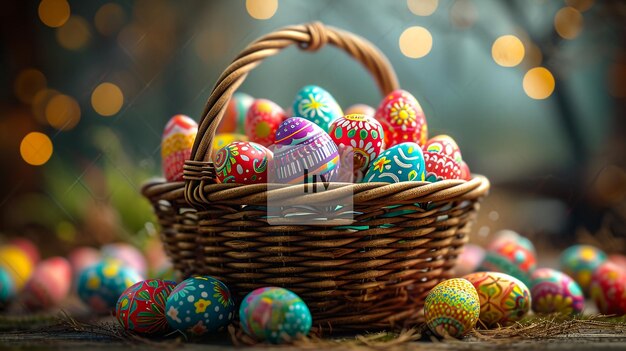 Фото Счастливой пасхи. нарисованные пасхальные яйца в корзине.