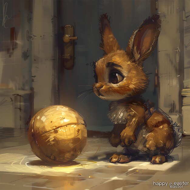 Happy Easter a painting of a rabbit with a ball and the words rabbit on it