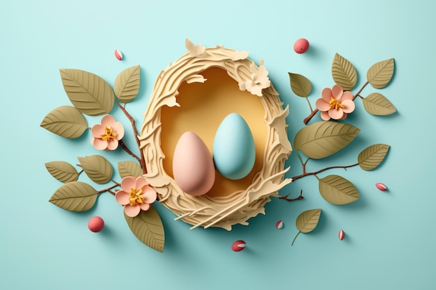 Happy Easter paper art with Easter eggs Generative AI illustration