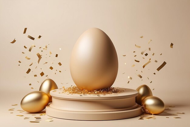 Веселый пасхальный плакат для демонстрации продукта Бежевый пьедестал или подиум с золотыми яйцами