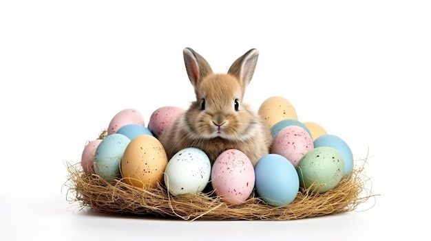 白い背景に隔離された卵を持つ幸せなイースターウサギ