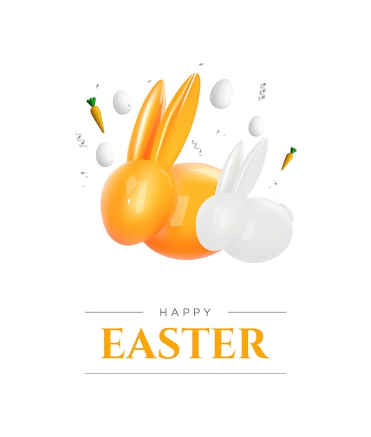 Happy Easter. Realistic 3d bunny and eggs on white background. Easter decoration. Vector.