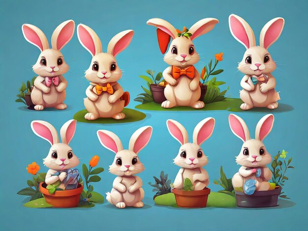 Photo happy easter set of cute flower rabbits isolated