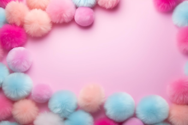 Happy easter sign and pastel color pom poms on a pink background